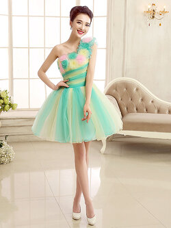 พร้อมส่ง ชุดแฟนซี ชุดราตรีสั้น ลายทาง สีลูกกวาด แต่งดอกไม้ เขียวเหลือง