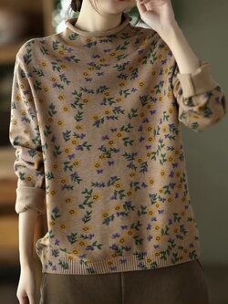 เสื้อไหมพรมคอเต่าลายดอกไม้