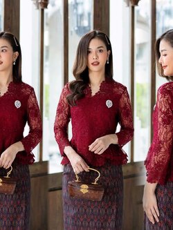 Pro-order เช่า ชุดไทยคุณแม่ เสื้อลูกไม้สีไวน์แดง คอตั้ง ผ้าซิ่น แยกชิ้น เรียบหรู **สามารถเลือกเปลี่ยนกระโปรงแบบที่ต้องการได้**