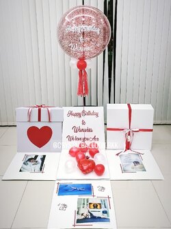 Happy Birthday Surprise Box กล่องเซอร์ไพรส์วันเกิด Bubble ขนาด 24" Theme สีแดง พร้อมตกแต่ง สามารถใส่รูปได้ 4 ใบ สามารถเปลี่ยนสีลูกโป่ง/เปลี่ยนข้อความได้