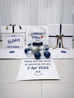 Happy Birthday Surprise Box กล่องเซอร์ไพรส์วันเกิด Bubble ขนาด 18" ตั้งฐาน Theme Dark Blue พร้อมตกแต่ง สามารถใส่รูปได้ 2 ใบ สามารถเปลี่ยนสีลูกโป่ง/เปลี่ยนข้อความได้