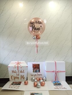 Happy Birthday Surprise Box กล่องเซอร์ไพรส์วันเกิด Bubble ขนาด 24" กลิตเตอร์สีโรสโกลด์ พร้อมตกแต่ง สามารถใส่รูปได้ 4 ใบ สามารถเปลี่ยนสีลูกโป่ง/เปลี่ยนข้อความได้