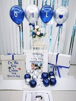 Surprise Box กล่องเซอร์ไพรส์วันเกิด โทนสี น้ำเงิน พร้อมตกแต่ง สามารถใส่รูปได้ 2 ใบ