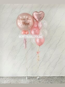 ลูกโป่ง Welcome Home Bubble ขนาด 24" กลิตเตอร์สีโรสโกล 1 ลูก พร้อม ช่อลูกโป่งฟอยล์หัวใจ ขนาด 18" ช่อ 7 ลูก 1 ช่อ พร้อมตกแต่ง สามารถเปลี่ยนสีลูกโป่ง/เปลี่ยนข้อความ/เปลี่ยนขนาด/เปลี่ยนสี-ฟอยล์ตกแต่งได้