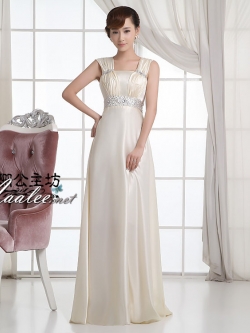 พร้อมเช่า ชุดราตรียาว สีครีม Champagne แบบเรียบหรู ปิดไหล่-เปิดไหล่ ได้ 2 แบบ