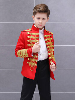 พร้อมเช่า ชุดสูทเด็กชาย สีแดงพู่ประดับทอง เครื่องแบบทหารสไตล์ยุโรป (ไซส์ 110,130,150)