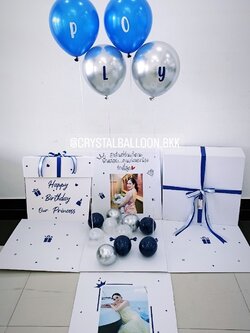 Happy Birthday Surprise Box กล่องเซอร์ไพรส์วันเกิด Theme สีน้ำเงิน-เงิน พร้อมตกแต่ง สามารถใส่รูปได้ 2 ใบ สามารถเปลี่ยนสีลูกโป่ง/เปลี่ยนข้อความได้