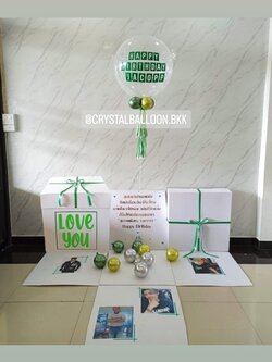 Happy Birthday Surprised Box Bubble ขนาด 24" กลิตเตอร์สีเงิน พร้อมตกแต่ง สามารถใส่รูปได้ 4 ใบ สามารถเปลี่ยนสีลูกโป่ง/เปลี่ยนข้อความได้