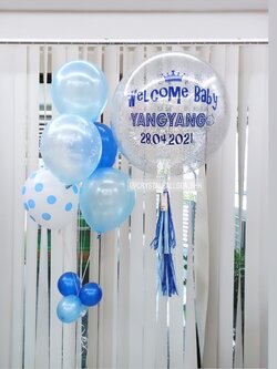 ลูกโป่ง Welcome Baby Bubble ขนาด 24" Theme สีฟ้า พร้อมตกแต่ง ช่อลูกโป่ง 5 ลูก 1 ช่อ สามารถเปลี่ยนสีลูกโป่ง/เปลี่ยนข้อความ/เปลี่ยนขนาดได้
