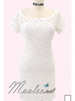 พร้อมส่ง ชุดออกงาน ชุดเดรสสั้นเข้ารูป สีขาว คอปาด ผ้าลูกไม้เนื้อนิ่ม สวมใส่สบาย