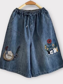 กางเกงขาสั้นยีนส์ปักลายแมว