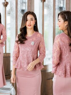 Pro-order ชุดเช่า ชุดไทยคุณแม่ เสื้อลูกไม้สีกะปิ คอวี ผ้าซิ่น แยกชิ้น เรียบหรู **สามารถเลือกเปลี่ยนกระโปรงแบบที่ต้องการได้**