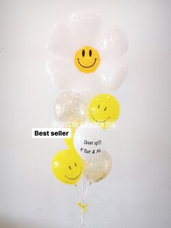 ลูกโป่ง แสดงความยินดี ช่อลูกโป่ง ฟอยล์ดอกเดซี่ 1 ช่อ พร้อม ลูกโป่งหน้ายิ้มเหลือง,ลูกโป่งใส ใส่กลิตเตอร์ พร้อมตกเเต่ง สามารถเปลี่ยนสีลูกโป่ง/เปลี่ยนข้อความ/เปลี่ยนสี-ฟอยล์ตกแต่งได้