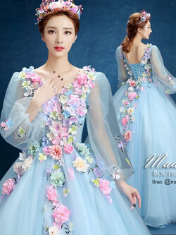 พร้อมเช่า ชุดแฟนซี ชุดราตรียาว สีฟ้า แขนยาว แต่งดอก Fairy สไตล์เจ้าหญิง กระโปรงพองสวย เชือกผูกหลัง