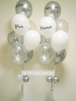 ลูกโป่ง วันเกิด ช่อลูกโป่ง ช่อ 7 ลูก 2 ช่อ Theme สีเงิน-ขาว พร้อม ลูกโป่งใส ใส่กลิตเตอร์ พร้อมตกเเต่ง สามารถเปลี่ยนสีลูกโป่ง/เปลี่ยนข้อความได้