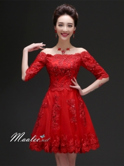 พร้อมส่ง ชุดราตรีสั้น แบบปาดไหล่ ตัวชุดลูกไม้ปักดิ้น กระโปรงตาข่าย สีแดง