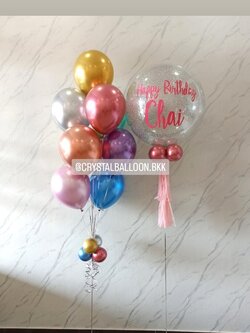 ลูกโป่ง วันเกิด Bubble ขนาด 24" กลิตเตอร์สีเงิน 1 ลูก พร้อม ช่อลูกโป่งสีโครเมี่ยม ช่อ 9 ลูก 1 ช่อ พร้อมตกแต่ง สามารถเปลี่ยนสีลูกโป่ง/เปลี่ยนข้อความ/เปลี่ยนขนาดได้