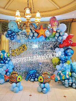 Organic Backdrop ฉากวิบวับสีเงิน ขนาด 2.4x3 Theme Talay พร้อม ตัวอักษรไฟ Happy New Year,ฟอยล์ตัวเลข ขนาด 16" 4 ตัวอักษร พร้อมตกแต่ง ฟอยล์สัตว์ทะเล ตั้งฐาน 5 ชิ้น สามารถเปลี่ยนสีลูกโป่ง/เปลี่ยน Theme ได้