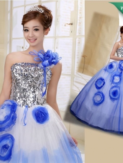 พร้อมเช่า ชุดแฟนซี ชุดราตรียาว สีน้ำเงิน ช่วงอกปักเลื่อม กระโปรงแต่งผ้าโปรงดอกไม้