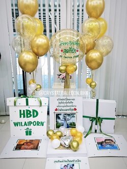 Surprise Box กล่องเซอร์ไพรส์สำหรับสายเปย์ Bubble ขนาด 24" Theme สีทอง พร้อมตกแต่ง ช่อลูกโป่ง 7 ลูก 2 ช่อ,ลูกโป่งใส ใส่กลิตเตอร์,สามารถใส่รูปได้ 4 ใบ สามารถเปลี่ยนสีลูกโป่ง/เปลี่ยนข้อความได้