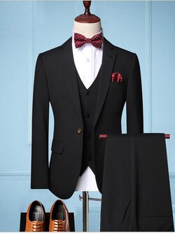 Pre-order ชุดสูทชาย เนื้อผ้าฟูเด้ง สีดำ (พร้อมเสื้อกั๊ก)