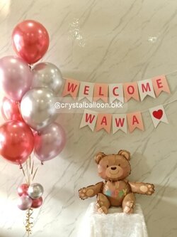 ลูกโป่ง Welcome Baby ช่อลูกโป่งโครเมี่ยม ธีมสีชมพู ช่อ 7 ลูก 1 ช่อ พร้อม ป้ายธง 12 แผ่น,ฟอยล์หมี สีน้ำตาลเข้ม Happy นั่ง 1 ชิ้น พร้อมตกแต่ง สามารถเปลี่ยนสีลูกโป่ง/เปลี่ยนข้อความ/เปลี่ยนสี-ป้ายธง/เปลี่ยนฟอยล์ตกแต่งได้