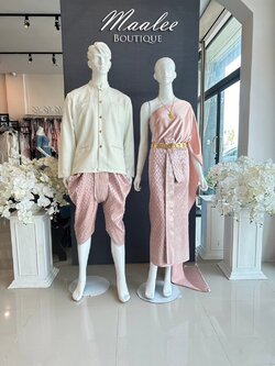 เช่า ชุดไทย ชุดเพื่อนเจ้าสาว ชุดไทยผ้าถุงสีโอวัลตินชมพูเงิน สไบเรียบ สีโอโรส