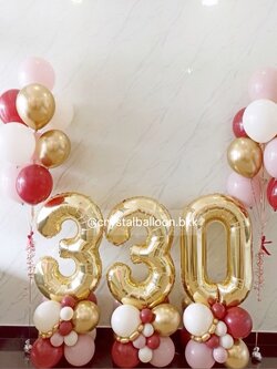 ลูกโป่งเปิดงาน ฟอยล์ตัวเลข ขนาด 40" สีเงิน 3 ชิ้น พร้อม ช่อลูกโป่ง ช่อ 9 ลูก 2 ช่อ Theme แดง - ชมพู พร้อมตกแต่ง สามารถเปลี่ยนสีลูกโป่ง/เปลี่ยนสี-ฟอยล์ตัวอักษรได้