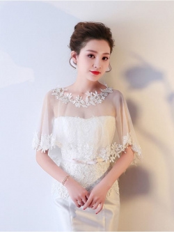 Preorder เสื้อคลุมชุดราตรี ตาข่ายลูกไม้ สีขาว สวยหรู