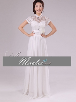 พร้อมเช่า ชุดราตรียาว ลูกไม้หวาน แขนสั้น แต่งเอวดอกไม้ กระโปรงผ้าชีฟอง สีขาว