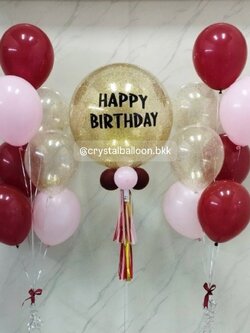 ลูกโป่ง วันเกิด Bubble ขนาด 24" พร้อมตกแต่ง ช่อลูกโป่ง 7 ลูก 2 ช่อ,ธีมสีแดง-ทอง ลูกโป่งใส ใส่กลิตเตอร์ สามารถเปลี่ยนสีลูกโป่ง/เปลี่ยนข้อความ/เปลี่ยนขนาดได้
