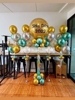 เสาลูกโป่ง เปิดงาน Bubble ขนาด 36'' กลิตเตอร์สีทอง พร้อมตกแต่ง ช่อลูกโป่งโครเมี่ยม 7 ลูก 4 ช่อ,ลูกโป่งใส ใส่กลิตเตอร์ สามารถเปลี่ยนสีลูกโป่ง/เปลี่ยนข้อความได้