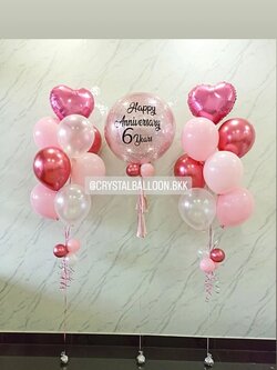 ลูกโป่ง Happy Anniversary Bubble ขนาด 24" กลิตเตอร์สีชมพู 1 ลูก พร้อม ช่อลูกโป่งฟอยล์หัวใจ ขนาด 18" ช่อ 9 ลูก 2 ช่อ Theme สีชมพู พร้อมตกแต่ง สามารถเปลี่ยนสีลูกโป่ง/เปลี่ยนข้อความ/เปลี่ยนขนาด/เปลี่ยนฟอยล์ตกแต่งได้