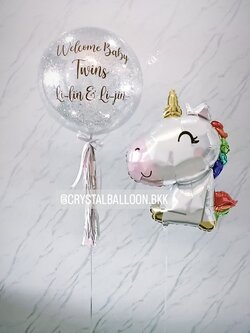 ลูกโป่ง Welcome Baby Bubble ขนาด 24" กลิตเตอร์สีเงิน พร้อมตกแต่ง ฟอยล์ Unicorn Anagram 1 ชิ้น สามารถเปลี่ยนสีลูกโป่ง/เปลี่ยนข้อความ/เปลี่ยนฟอยล์ตกแต่งได้