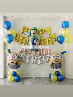 ลูกโป่ง วันเกิดเด็ก ฟอยล์ตัวอักษร Happy Birthday 16" สีทอง 1 ชิ้น พร้อม ฟอยล์มินเนี่ยน ตั้งฐาน 2 ชิ้น,ฟอยล์มาริโอ้ 1 ชิ้น,ช่อลูกโป่ง ช่อ 5 ลูก 2 ช่อ,ฟอยล์ตัวอักษรชื่อ 12 ตัวอักษร พร้อมตกแต่ง สามารถเปลี่ยนสีลูกโป่ง/เปลี่ยนสี-ฟอยล์ตัวอักษรได้