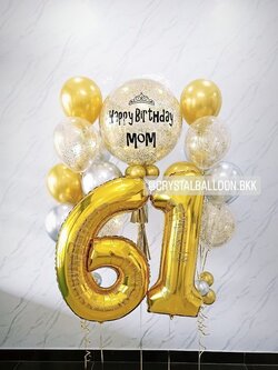 ลูกโป่ง วันเกิด Bubble ขนาด 24" สีทอง พร้อม ช่อลูกโป่งโครเมี่ยม 7 ลูก 2 ช่อ,ลูกโป่งใส ใส่กลิตเตอร์ พร้อมตกแต่ง ฟอยล์ตัวเลข ขนาด 40" 2 ชิ้น สามารถเปลี่ยนสีลูกโป่ง/เปลี่ยนข้อความ/เปลี่ยนขนาดได้