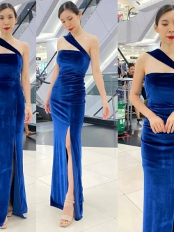 Pro-order ชุดเดรส เดรสเกาะอก ไหล่เดียว สีน้ำเงิน เนื้อกำมะหยี่