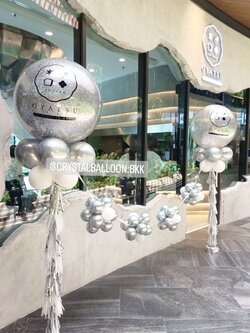 เสาลูกโป่ง เปิดร้าน Bubble ขนาด 36" กลิตเตอร์สีเงิน 2 เสา พร้อม ริบบิ้นตัดเปิดงาน 3 ท่าน พร้อมตกแต่ง สามารถเปลี่ยนสีลูกโป่ง/เปลี่ยนข้อความได้