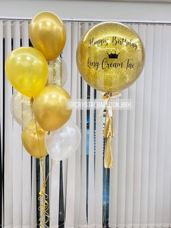 ลูกโป่ง วันเกิด Bubble ขนาด 24" Theme สีทอง พร้อม ช่อลูกโป่ง ช่อ 7 ลูก 1 ช่อ,ลูกโป่งใส ใส่กลิตเตอร์ พร้อมตกเเต่ง สามารถเปลี่ยนสีลูกโป่ง/เปลี่ยนข้อความ/เปลี่ยนขนาดได้