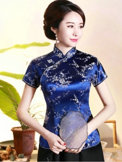 Pre-order เสื้อกี่เพ้า สีน้ำเงิน ลายดอกเหมย ผ้าไหมจีน กุ๊นขอบ ตัดเย็บอย่างดี