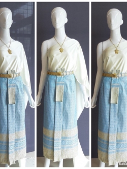 เช่า ชุดไทย ชุดเพื่อนเจ้าสาว ชุดไทยผ้าซิ่นสีฟ้า สไบเรียบสีงาช้าง