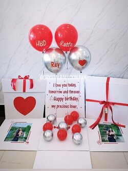 Happy Birthday Surprise Box กล่องเซอร์ไพรส์วันเกิด Theme สีแดง-เงิน พร้อมตกแต่ง สามารถใส่รูปได้ 2 ใบ สามารถเปลี่ยนสีลูกโป่ง/เปลี่ยนข้อความได้