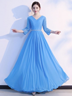 พร้อมส่ง ชุดราตรียาว สีฟ้า ไซส์ใหญ่ แขนสามส่วน แต่งลูกไม้ กระโปรงผ้าชีฟอง เอวแต่งเพชร ** มีไซส์ 2XL- 9XL (อก48 เอว42) **