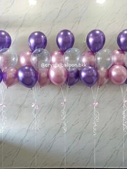 ลูกโป่ง แสดงความยินดี ช่อลูกโป่งสีชมพูอ่อนโครเมี่ยม-ม่วงโครเมี่ยม ช่อ 5 ลูก 5 ช่อ พร้อมตกแต่ง ลูกโป่งใส ใส่ กลิตเตอร์ สามารถเปลี่ยนสีลูกโป่งได้