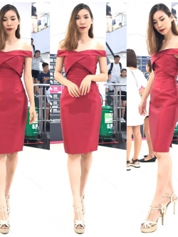 พร้อมเช่า ราตรีสั้น ชุดเดรสเข้ารูป ไขว้หน้า ไหล่ปาดแบบตัว V สีแดง
