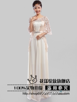 พร้อมเช่า ชุดราตรียาว สีครีม Champagne แขนสามส่วน แต่งลูกไม้ จับเดรปทรงนาฬิกาทราย (L - 3XL)