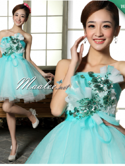 พร้อมเช่า ชุดแฟนซี เช่า 500 ชุดราตรีสั้น เกาะอก สีฟ้า ช่วงอกแต่งดอกเก๋มาก น่ารักฟรุ้งฟริ้ง