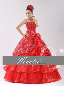 พร้อมเช่า ชุดแฟนซี ราตรียาว สีแดง ผ้าแก้วพิมพ์ลายสวย กระโปรงแต่งระบาย