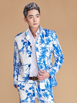 Pre-order ชุดสูทจีนชาย สีขาวต้นไผ่ฟ้า พิมพ์ลายกราฟฟิก สไตล์จีน