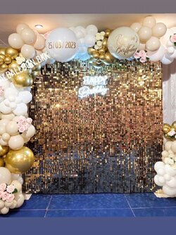 Organic Backdrop Happy Birthday ฉากวิบวับสีทอง ขนาด 2.4x2.4 เมตร Theme ทอง-ครีม-ขาว พร้อม ป้ายตัวอักษรไฟ Happy Birthday 1 ชิ้น,ดอกไม้ประดิษฐ์ พร้อมตกแต่ง สามารถเปลี่ยนสีลูกโป่ง/เปลี่ยนข้อความได้